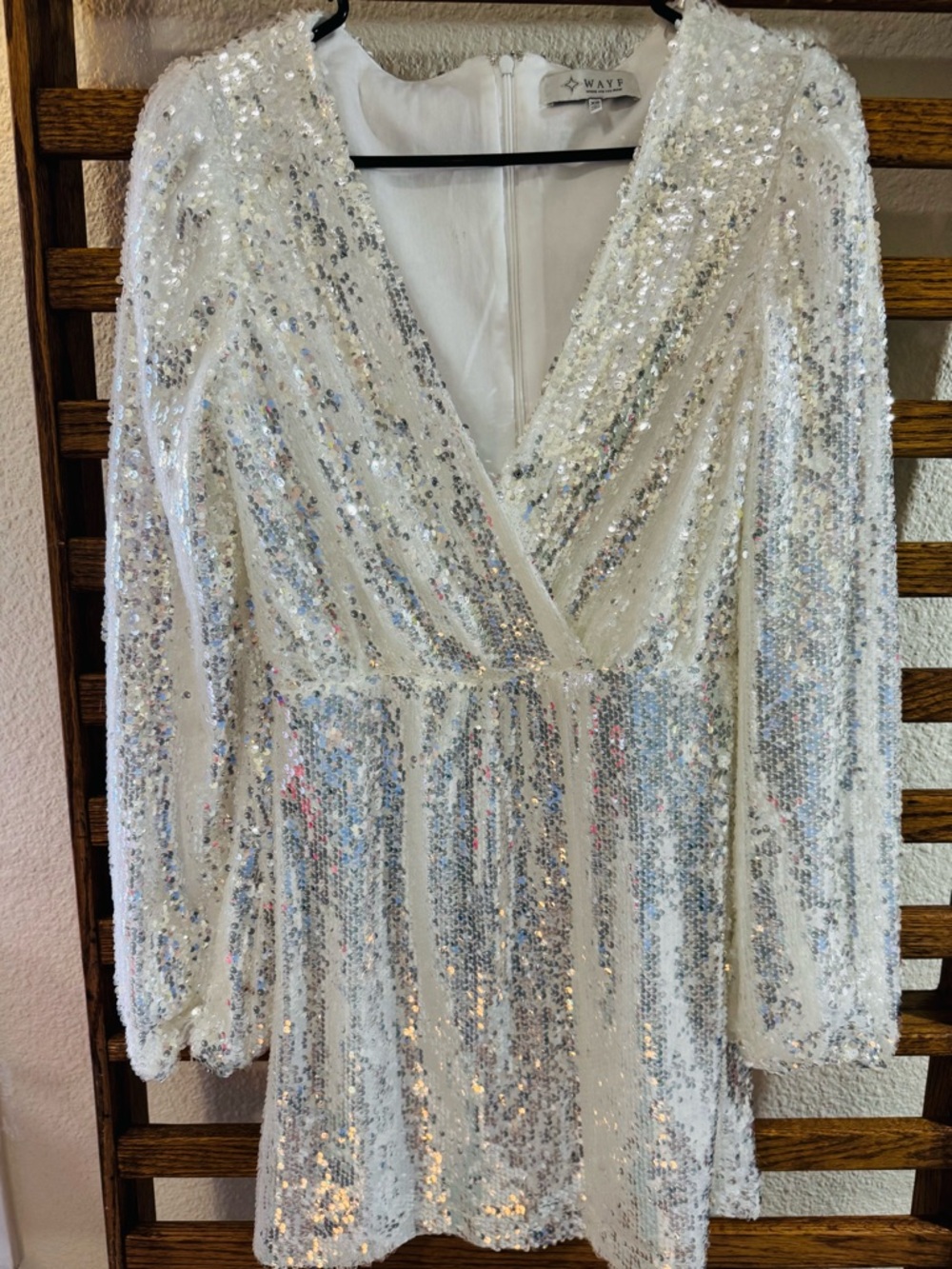 XS Wayf White Sequin Wrap Mini Dress with Holographic Accents